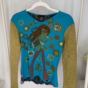 Vintage 90s Y2K Custo Barcelona Green & Teal Graphic Long Sleeve Top Medium